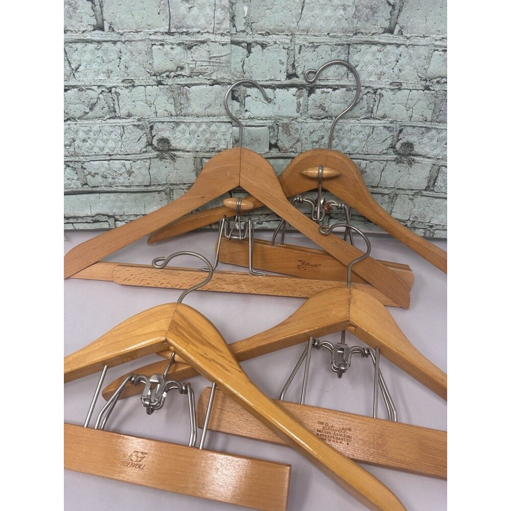 Lot Of 4 Vtg SETWELL & DIPLOMAT 18" Wooden SUIT COAT /PANTS HANGERS W/Clamps USA